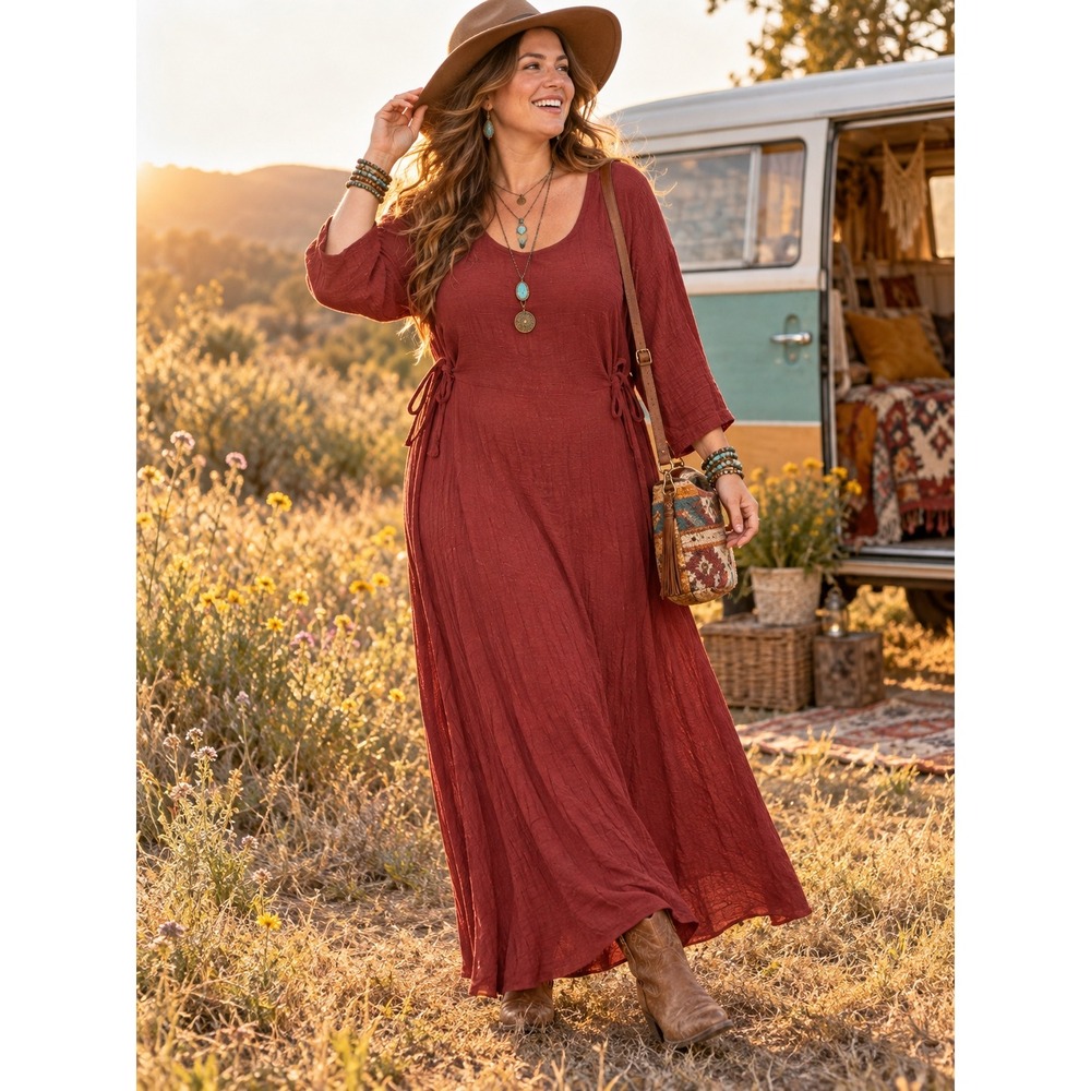 Las Manos Brick Red Rayon Side Tie Long Sleeve Maxi Dress Size Large